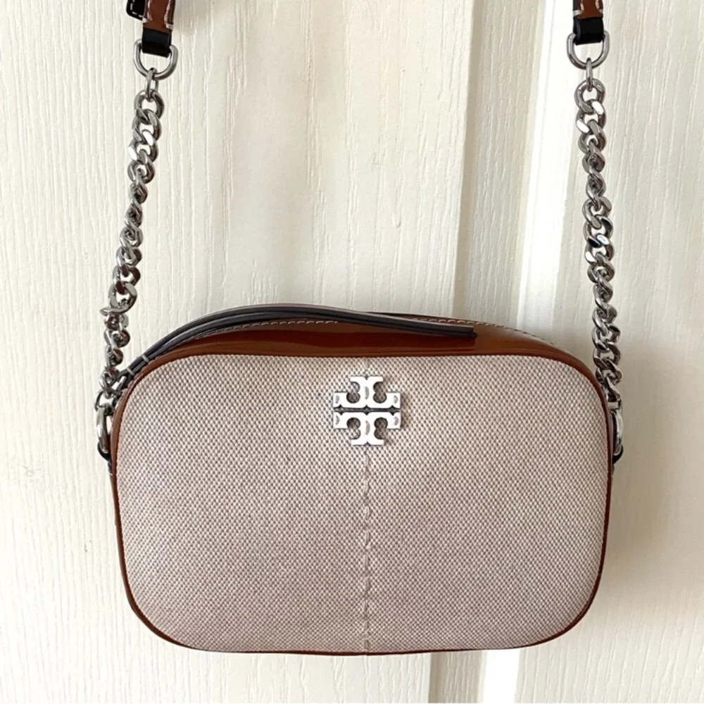 Tory Burch McGraw Color Block Patent Leather Canvas Camera Crossbody Bag - Picture 2 of 15